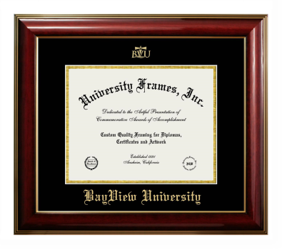 BayView University Diploma Frame in Classic Mahogany with Gold Trim with Black & Gold Mats for document: 8 1/2"h x 11"w  