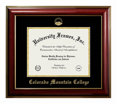 Colorado Mountain College Diploma Frame in Classic Mahogany with Gold Trim with Black & Gold Mats for document: 8 1/2"h x 11"w  