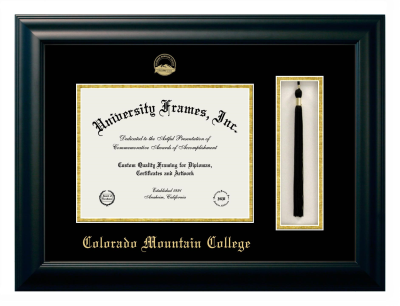 Colorado Mountain College Diploma with Tassel Box Frame in Satin Black with Black & Gold Mats for document: 8 1/2"h x 11"w  