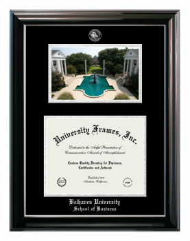 Belhaven University School of Business Double Opening with Campus Image (Stacked) Frame in Classic Ebony with Silver Trim with Black & Silver Mats for document: 8 1/2"h x 11"w  
