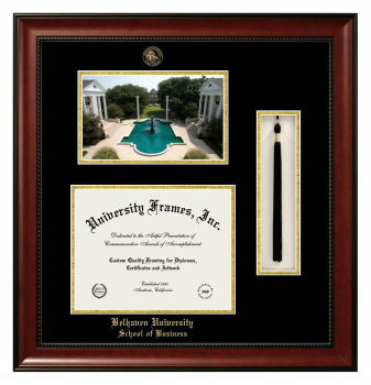 Belhaven University School of Business Double Opening with Campus Image & Tassel Box (Stacked) Frame in Avalon Mahogany with Black & Gold Mats for document: 8 1/2"h x 11"w  