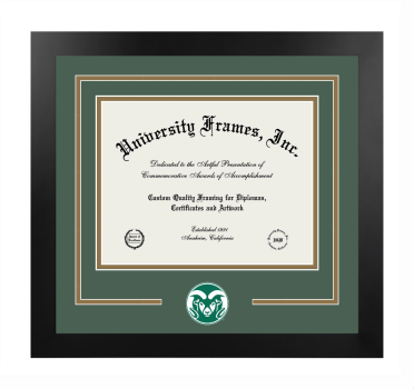 Colorado State University Logo Mat Frame in Manhattan Black with Forest Green & Bronze Mats for document: 8 1/2"h x 11"w  