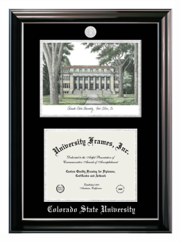 Colorado State University Double Opening with Campus Image (Stacked) Frame in Classic Ebony with Silver Trim with Black & Silver Mats for document: 8 1/2"h x 11"w  