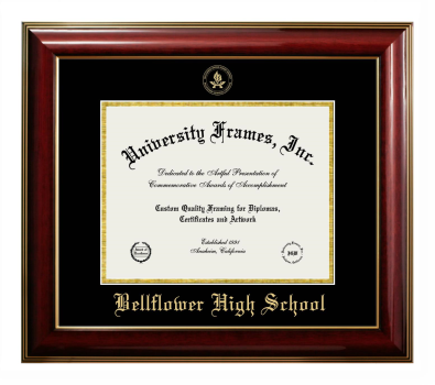 Bellflower High School Diploma Frame in Classic Mahogany with Gold Trim with Black & Gold Mats for document: 8 1/2"h x 11"w  