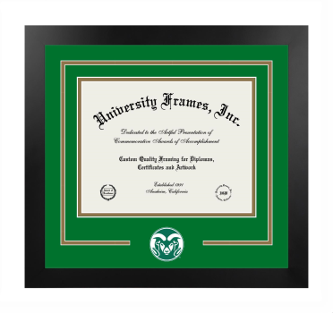 Colorado State University College of Veterinary Medicine Logo Mat Frame in Manhattan Black with Kelly Green & Bronze Mats for document: 8 1/2"h x 11"w  