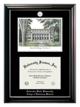 Colorado State University College of Veterinary Medicine Double Opening with Campus Image (Stacked) Frame in Classic Ebony with Silver Trim with Black & Silver Mats for document: 8 1/2"h x 11"w  
