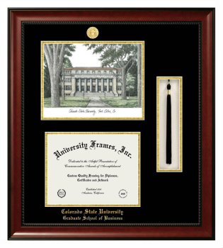 Colorado State University Graduate School of Business Double Opening with Campus Image & Tassel Box (Stacked) Frame in Avalon Mahogany with Black & Gold Mats for document: 8 1/2"h x 11"w  