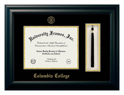 Columbia College (Columbia, SC) Diploma with Tassel Box Frame in Satin Black with Black & Gold Mats for document: 8 1/2"h x 11"w  