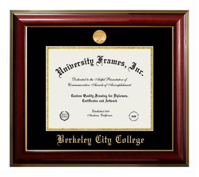 Berkeley City College Diploma Frame in Classic Mahogany with Gold Trim with Black & Gold Mats for document: 8 1/2"h x 11"w  
