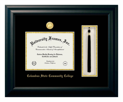 Columbus State Community College Diploma with Tassel Box Frame in Satin Black with Black & Gold Mats for document: 7"h x 9"w  
