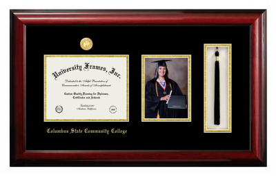 Columbus State Community College Diploma with 5 x 7 Portrait & Tassel Box Frame in Classic Mahogany with Black & Gold Mats for document: 7"h x 9"w  