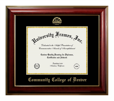 Community College of Denver Diploma Frame in Classic Mahogany with Gold Trim with Black & Gold Mats for document: 8 1/2"h x 11"w  