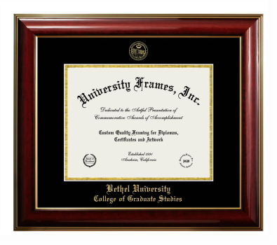 Bethel University College of Graduate Studies Diploma Frame in Classic Mahogany with Gold Trim with Black & Gold Mats for document: 8 1/2"h x 11"w  