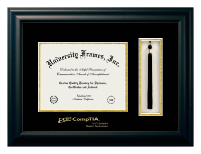 CompTIA Diploma with Tassel Box Frame in Satin Black with Black & Gold Mats for document: 8 1/2"h x 11"w  