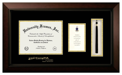 CompTIA Diploma with Announcement & Tassel Box Frame in Legacy Black Cherry with Black & Gold Mats for document: 8 1/2"h x 11"w  , diploma: 7"h x 4"w  