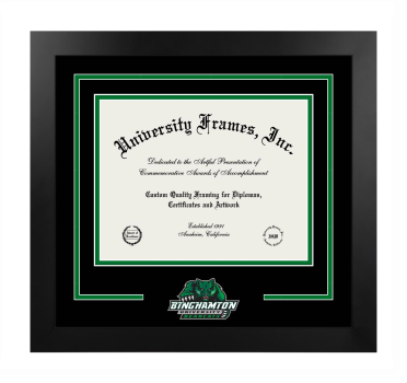 Binghamton University Logo Mat Frame in Manhattan Black with Black & Kelly Green Mats for document: 8 1/2"h x 11"w  