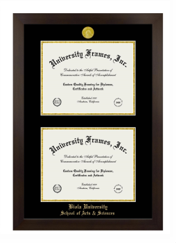 Biola University School of Arts & Sciences Double Diploma Frame in Manhattan Espresso with Black & Gold Mats for document: 8 1/2"h x 11"w  , document: 8 1/2"h x 11"w  