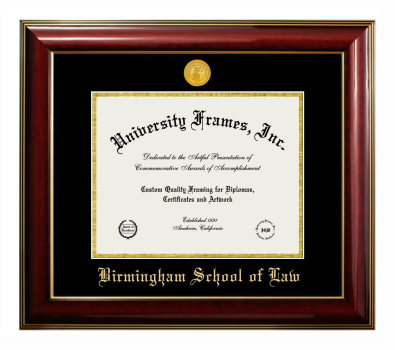 Birmingham School of Law Diploma Frame in Classic Mahogany with Gold Trim with Black & Gold Mats for document: 8 1/2"h x 11"w  