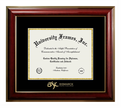 Bismarck State College Diploma Frame in Classic Mahogany with Gold Trim with Black & Gold Mats for document: 8 1/2"h x 11"w  
