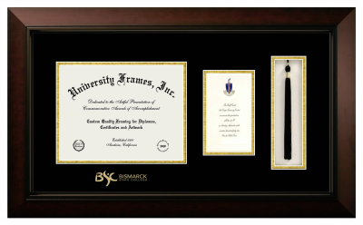 Bismarck State College Diploma with Announcement & Tassel Box Frame in Legacy Black Cherry with Black & Gold Mats for document: 8 1/2"h x 11"w  , diploma: 7"h x 4"w  
