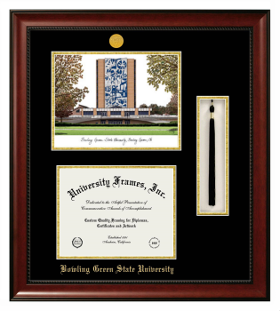 Bowling Green State University Double Opening with Campus Image & Tassel Box (Stacked) Frame in Avalon Mahogany with Black & Gold Mats for document: 8 1/2"h x 11"w  