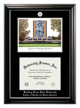 Bowling Green State University College of Health and Human Services Double Opening with Campus Image (Stacked) Frame in Classic Ebony with Silver Trim with Black & Silver Mats for document: 8 1/2"h x 11"w  