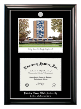 Bowling Green State University College of Musical Arts Double Opening with Campus Image (Stacked) Frame in Classic Ebony with Silver Trim with Black & Silver Mats for document: 8 1/2"h x 11"w  