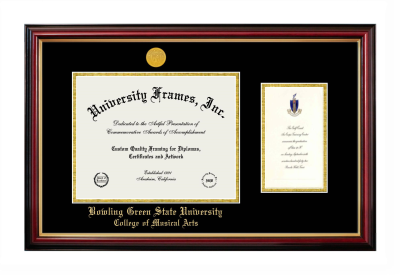 Bowling Green State University College of Musical Arts Diploma with Announcement Frame in Petite Mahogany with Gold Trim with Black & Gold Mats for document: 8 1/2"h x 11"w  , diploma: 7"h x 4"w  