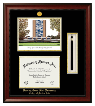 Bowling Green State University College of Musical Arts Double Opening with Campus Image & Tassel Box (Stacked) Frame in Avalon Mahogany with Black & Gold Mats for document: 8 1/2"h x 11"w  