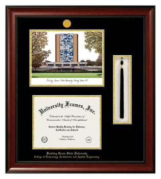 Bowling Green State University College of Technology, Architecture and Applied Engineering Double Opening with Campus Image & Tassel Box (Stacked) Frame in Avalon Mahogany with Black & Gold Mats for document: 8 1/2"h x 11"w  