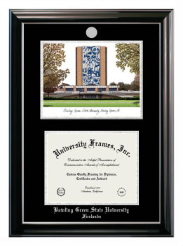 Bowling Green State University Firelands Double Opening with Campus Image (Stacked) Frame in Classic Ebony with Silver Trim with Black & Silver Mats for document: 8 1/2"h x 11"w  