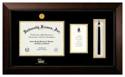 Bowling Green State University Special Centennial Diploma with Announcement & Tassel Box Frame in Legacy Black Cherry with Black & Gold Mats for document: 8 1/2"h x 11"w  , diploma: 7"h x 4"w  