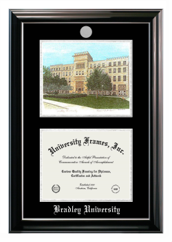Bradley University Double Opening with Campus Image (Stacked) Frame in Classic Ebony with Silver Trim with Black & Silver Mats for document: 8 1/2"h x 11"w  