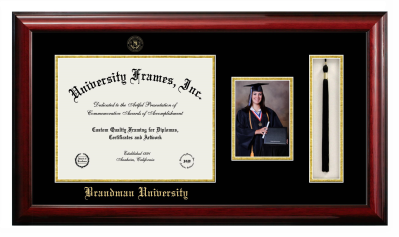 Brandman University Diploma with 5 x 7 Portrait & Tassel Box Frame in Classic Mahogany with Black & Gold Mats for document: 11"h x 14"w  