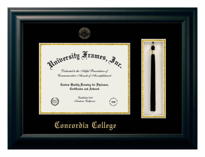 Concordia College (Moorhead) Diploma with Tassel Box Frame in Satin Black with Black & Gold Mats for document: 8 1/2"h x 11"w  