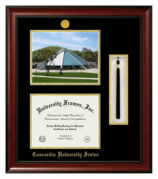 Concordia University Irvine Double Opening with Campus Image & Tassel Box (Stacked) Frame in Avalon Mahogany with Black & Gold Mats for document: 8 1/2"h x 11"w  