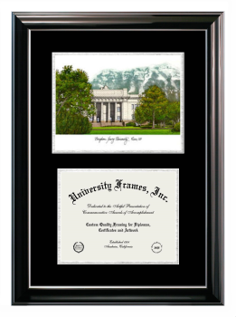 Brigham Young University Law Double Opening with Campus Image (Stacked) Frame in Classic Ebony with Silver Trim with Black & Silver Mats for document: 8 1/2"h x 11"w  