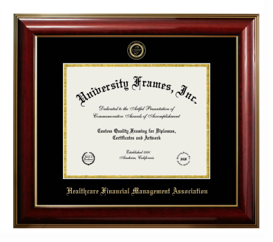 Healthcare Financial Management Association Diploma Frame in Classic Mahogany with Gold Trim with Black & Gold Mats for document: 8 1/2"h x 11"w  