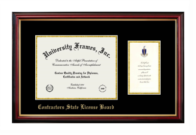 Contractors State License Board Diploma with Announcement Frame in Petite Mahogany with Gold Trim with Black & Gold Mats for document: 8 1/2"h x 11"w  , diploma: 7"h x 4"w  
