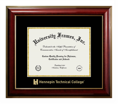 Hennepin Technical College Diploma Frame in Classic Mahogany with Gold Trim with Black & Gold Mats for document: 8 1/2"h x 11"w  