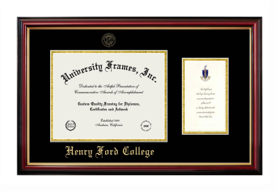 Henry Ford College Diploma with Announcement Frame in Petite Mahogany with Gold Trim with Black & Gold Mats for document: 8 1/2"h x 11"w  , diploma: 7"h x 4"w  