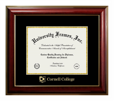 Cornell College Diploma Frame in Classic Mahogany with Gold Trim with Black & Gold Mats for document: 8 1/2"h x 11"w  