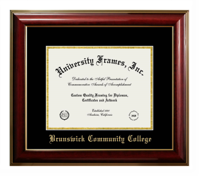 Brunswick Community College Diploma Frame in Classic Mahogany with Gold Trim with Black & Gold Mats for document: 8 1/2"h x 11"w  