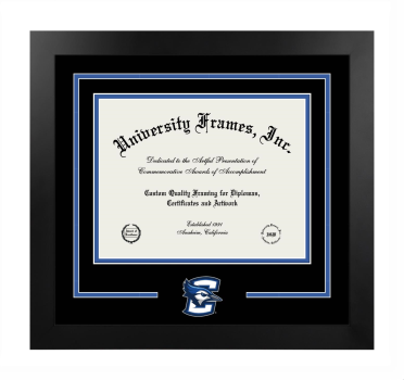 Creighton University Logo Mat Frame in Manhattan Black with Black & Royal Blue Mats for document: 8 1/2"h x 11"w  
