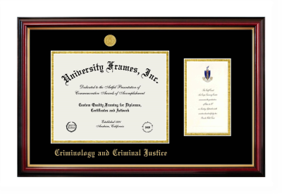 Criminology and Criminal Justice Diploma with Announcement Frame in Petite Mahogany with Gold Trim with Black & Gold Mats for document: 8 1/2"h x 11"w  , diploma: 7"h x 4"w  