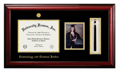 Criminology and Criminal Justice Diploma with 5 x 7 Portrait & Tassel Box Frame in Classic Mahogany with Black & Gold Mats for document: 8 1/2"h x 11"w  