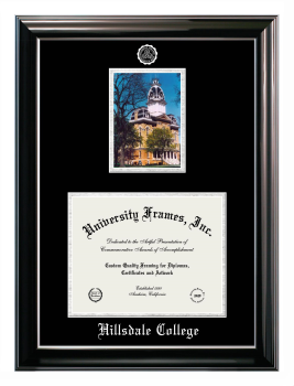 Hillsdale College Double Opening with Campus Image (Stacked) Frame in Classic Ebony with Silver Trim with Black & Silver Mats for document: 8 1/2"h x 11"w  