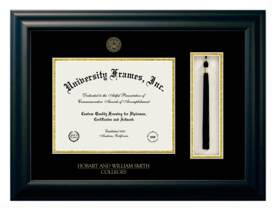 Hobart and William Smith Colleges Diploma with Tassel Box Frame in Satin Black with Black & Gold Mats for document: 8 1/2"h x 11"w  