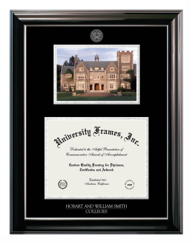 Hobart and William Smith Colleges Double Opening with Campus Image (Stacked) Frame in Classic Ebony with Silver Trim with Black & Silver Mats for document: 8 1/2"h x 11"w  