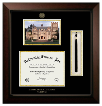 Hobart and William Smith Colleges Double Opening with Campus Image & Tassel Box (Stacked) Frame in Legacy Black Cherry with Black & Gold Mats for document: 8 1/2"h x 11"w  